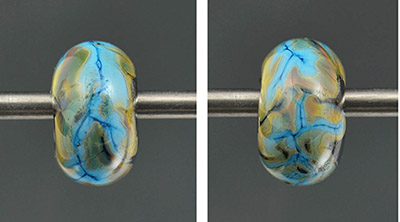 hand blown glass shard bead, applying shards, making glass beads, aqua turquoise bead, organic beads