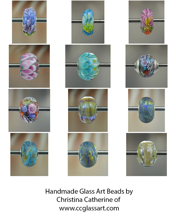 handmade glass beads, flower beads, encased floral beads, petal beads, artisan beads