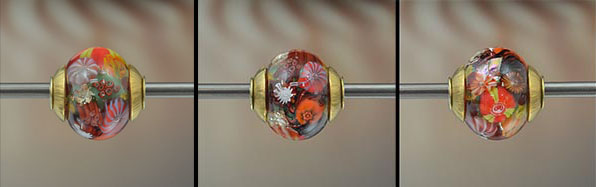 handmade murrini encased bead, brass bead caps